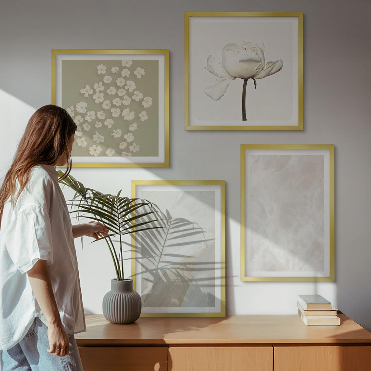 WANDBILDER 4er Set - 50x50 cm & 40x60 cm Goldrahmen - Blumen, modische Boho-Texturen - Goldfarben, Kunststoff (50/50cm) - ArtPrintCave