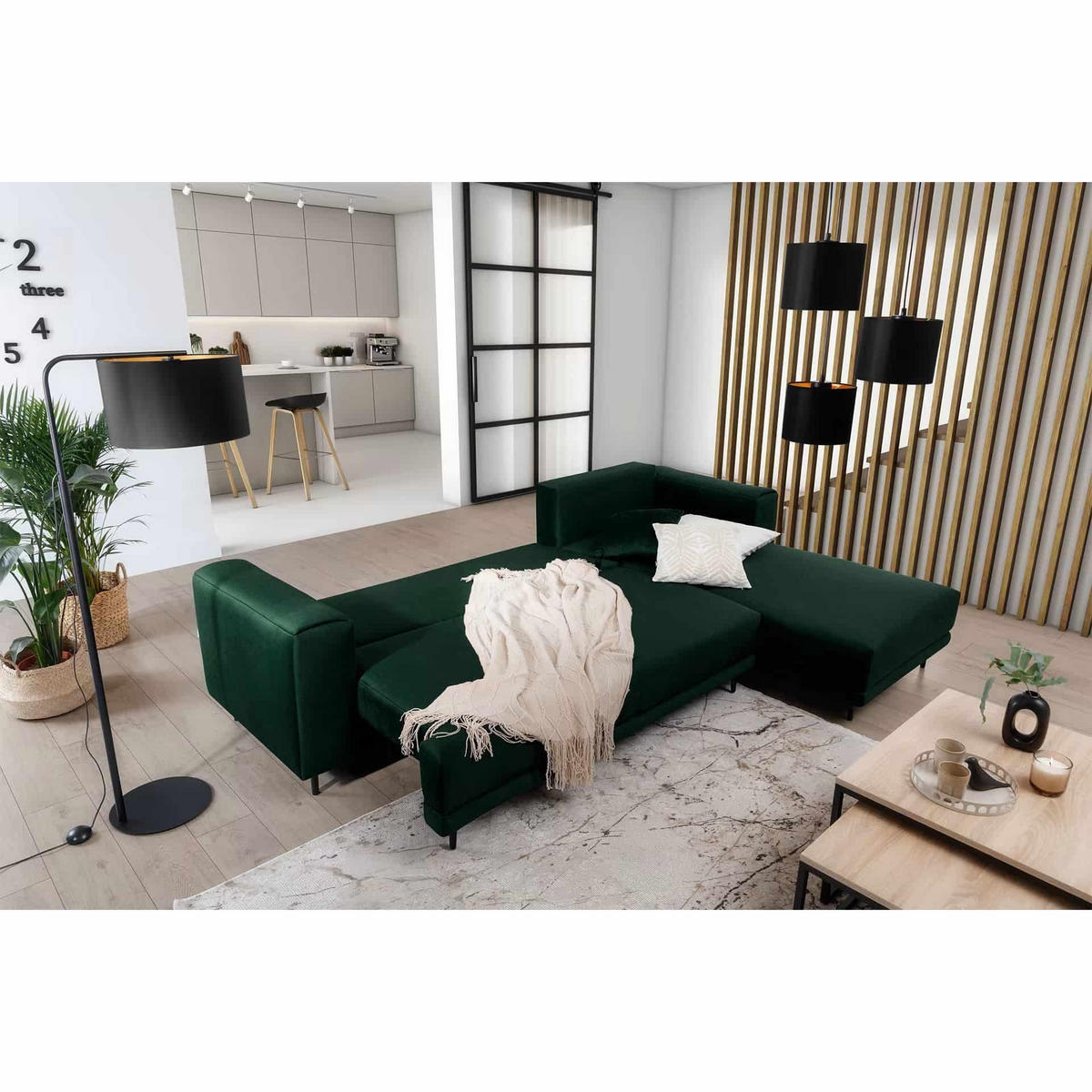ECKSOFA mit Schlaffunktion und Bettkasten, Loco-Stoff - Dunkelgrün/Schwarz, Textil/Metall (190/289cm) - Eltap