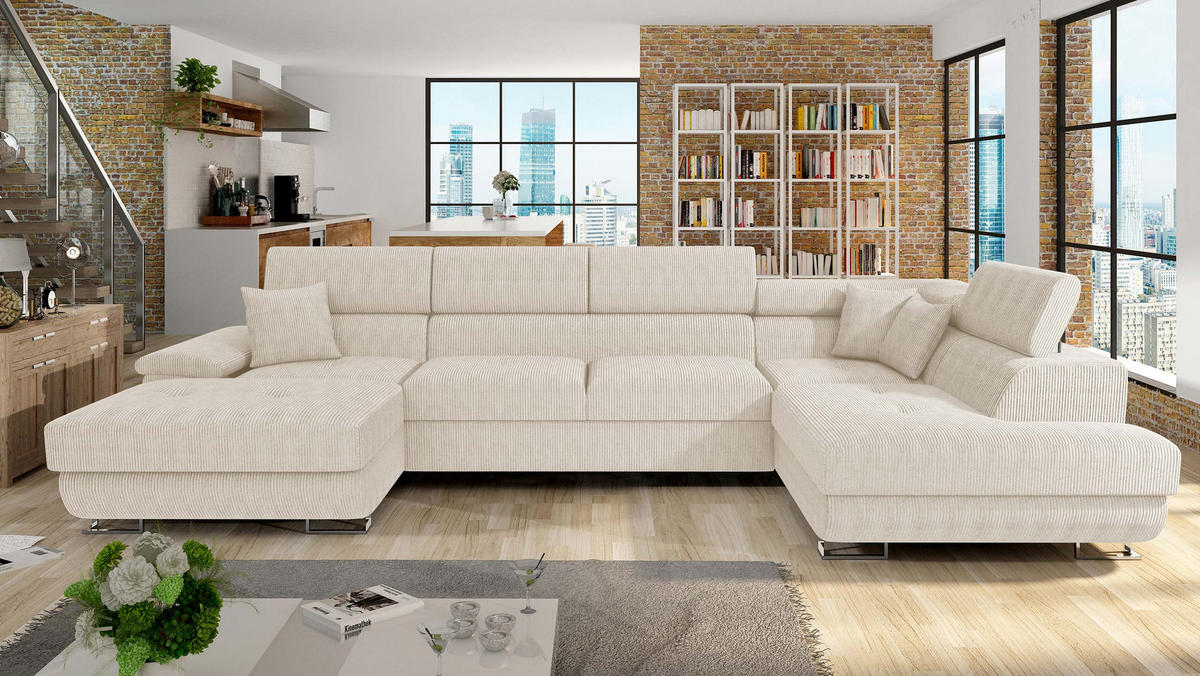 WOHNLANDSCHAFT Cotere Bis Cord, Seite: Rechts - Beige, Holz (345/91/202cm) - MIRJAN24