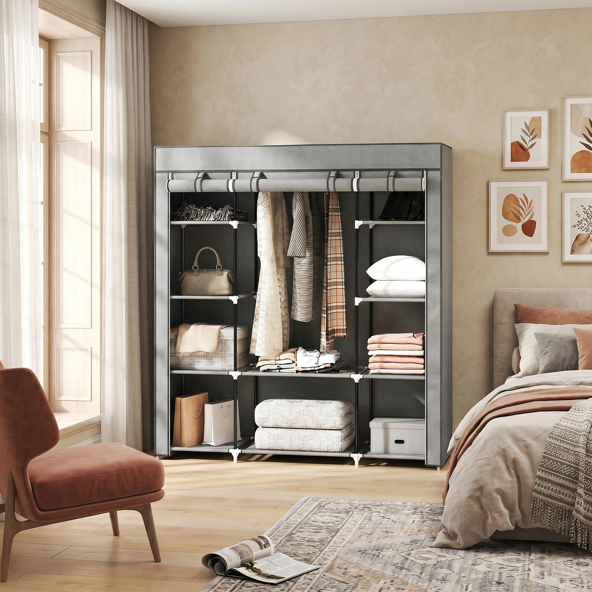 STOFFSCHRANK Hellgrau 150/43/162,5 cm - Hellgrau, Textil (150/162.5/43cm) - PANGIVO