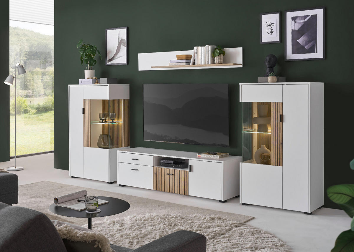 VITRINE weiß matt, Eiche 75 x 125 cm, Highboard mit Soft-Close-Funktion - Eichefarben/Schwarz, Glas/Holzwerkstoff (75/125/38cm)