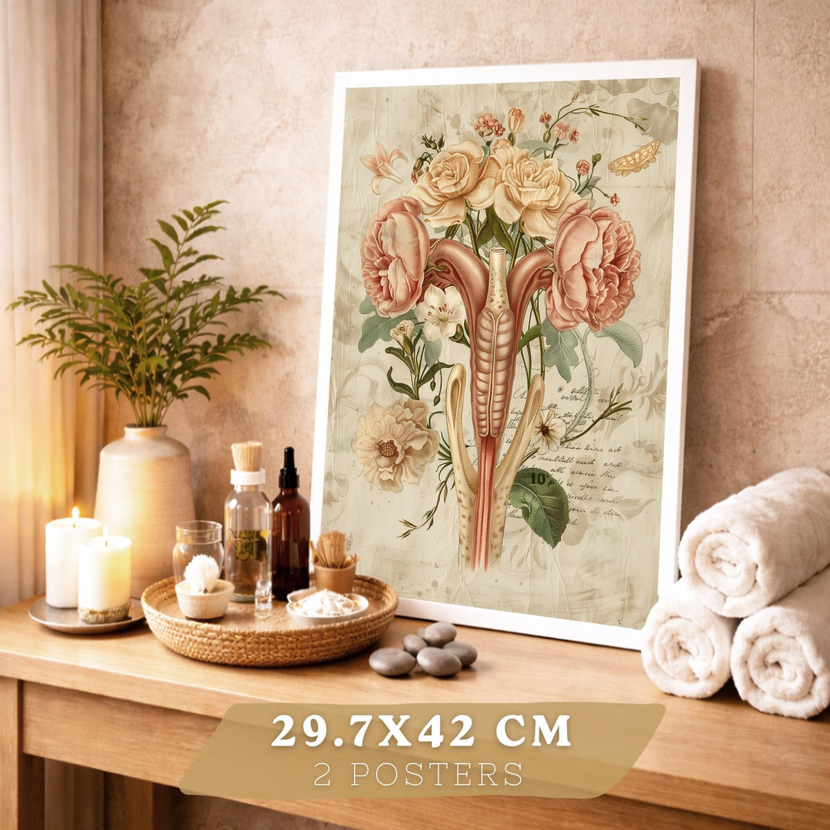 POSTER Set aus 2 Weibliche Anatomie Drucke und Wandbilder mit Gehirn und Gebärmutter Botanischer Retro Vintage Floraler Stil Größe Weißer Rahmen A3 - Weiß, Papier (29.7/42/3cm) - Nacnic
