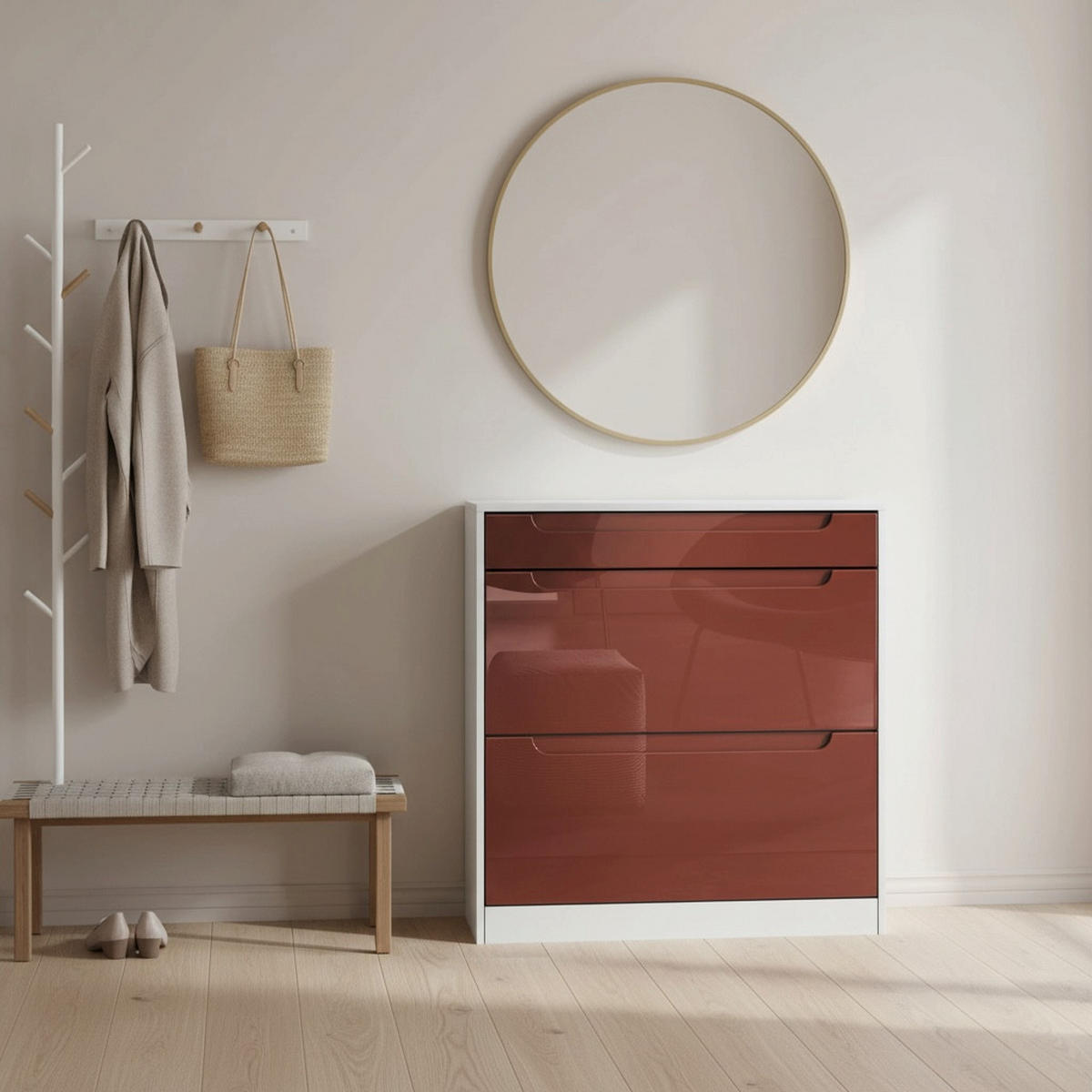 SCHUHSCHRANK Venezia Schmal mit 2 Klappen und 1 Schublade, Platzsparender Schuhkipper, Bordeaux Hochglanz (89 x 95,5 x 23 cm) - Bordeaux, Holzwerkstoff (89/95.5/23cm) - InnoFurn