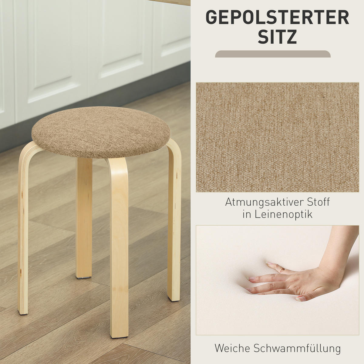 HOCKER 4er Set Holzwerkstoff Polyester Khaki - Naturfarben/Braun, Birkenholz/Holzwerkstoff (40/45/40cm) - HOMCOM