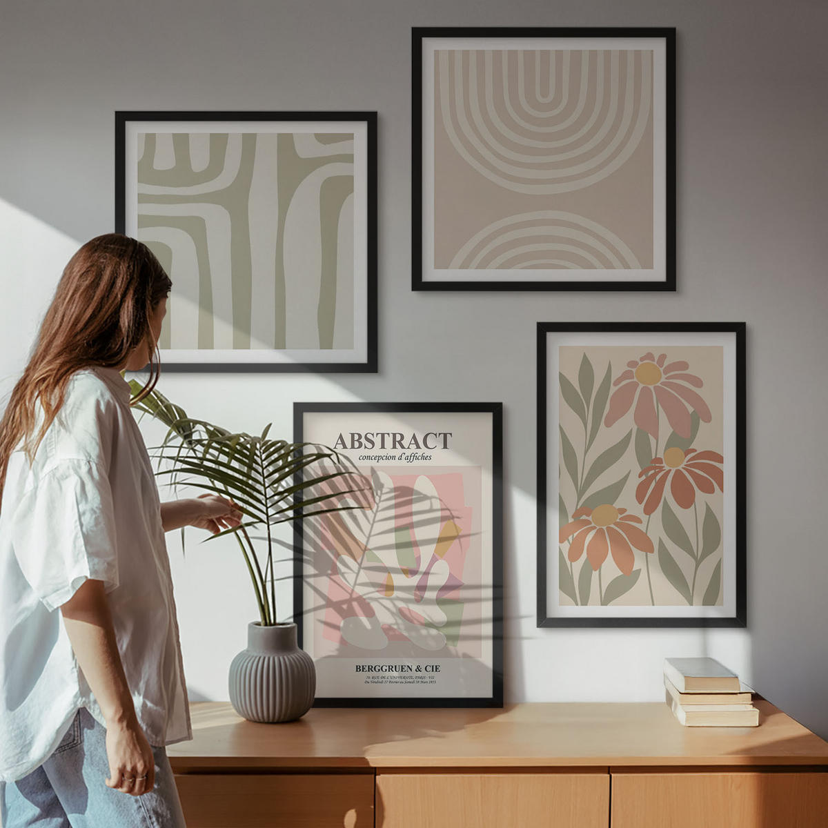 WANDBILDER 4er-Set - 50x50 cm & 40x60 cm Schwarzer Rahmen - Abstrakte Pflanzenformen - Schwarz, Kunststoff (50/50cm) - ArtPrintCave