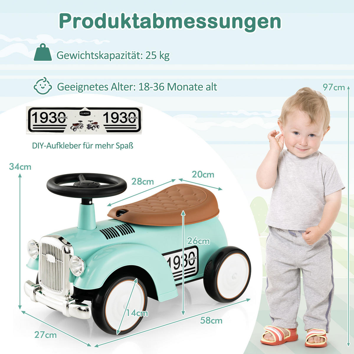 KINDERAUTO Grün - Grün, Kunststoff (27/34/58cm) - COSTWAY