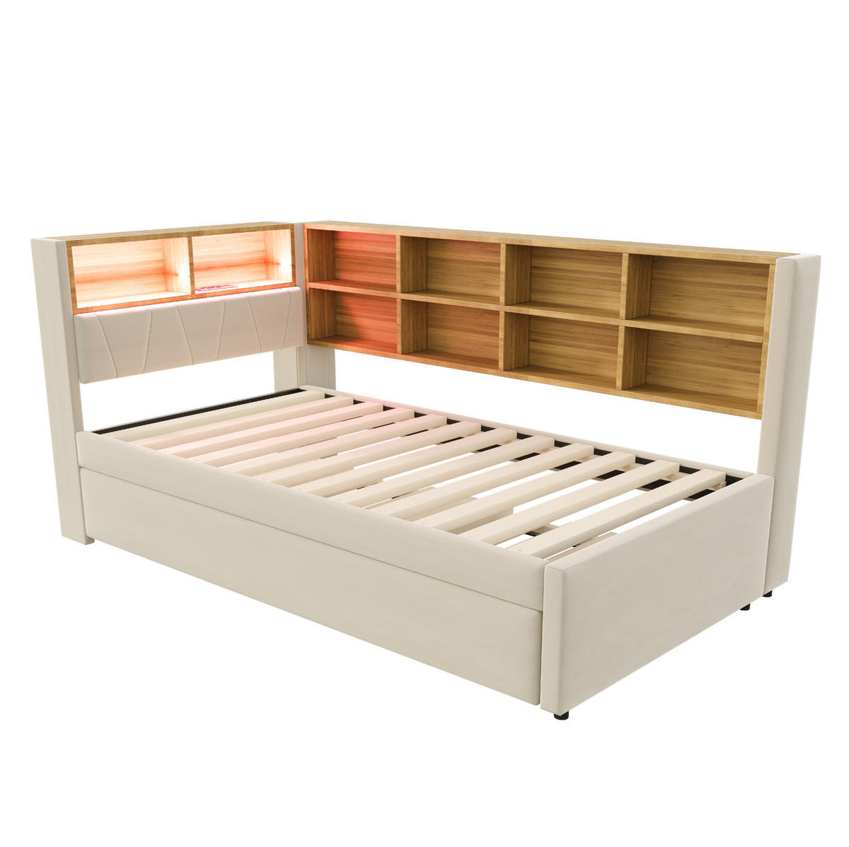 SCHLAFSOFA 90x200 cm in Beige mit Ausziehbett, LED-Beleuchtung und Ladeanschlüssen - Beige, Textil (90/200cm) - IVMEU
