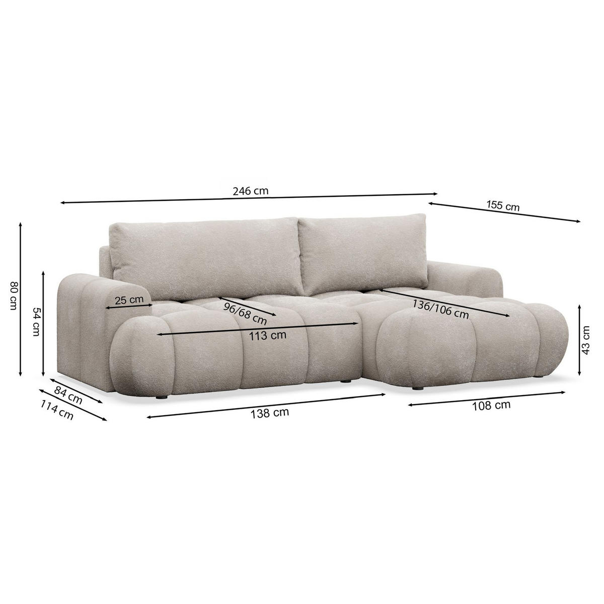 ECKSOFA Ombo Mini, Creme Bouclé, rechtsseitig - Creme/Schwarz, Kunststoff/Textil (155/246cm) - Selsey