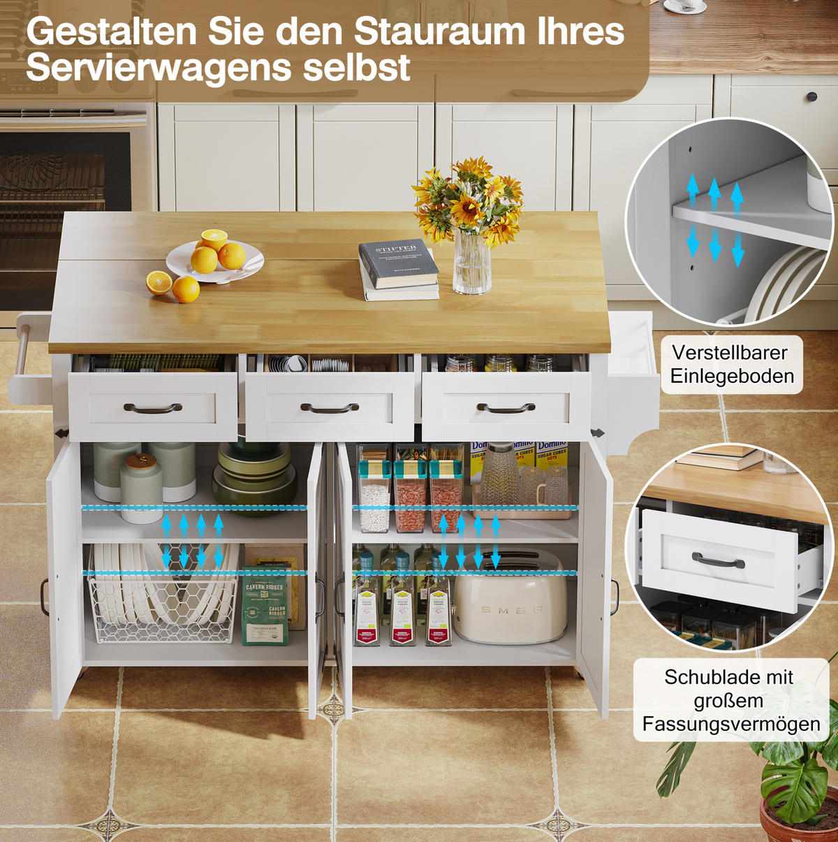 KÜCHENINSEL 140/43-70/90,5 cm aus MDF mit klappbarer Arbeitsplatte Weiß/Natur - Weiß, Holzwerkstoff (140/90.5/70cm) - Modenvie