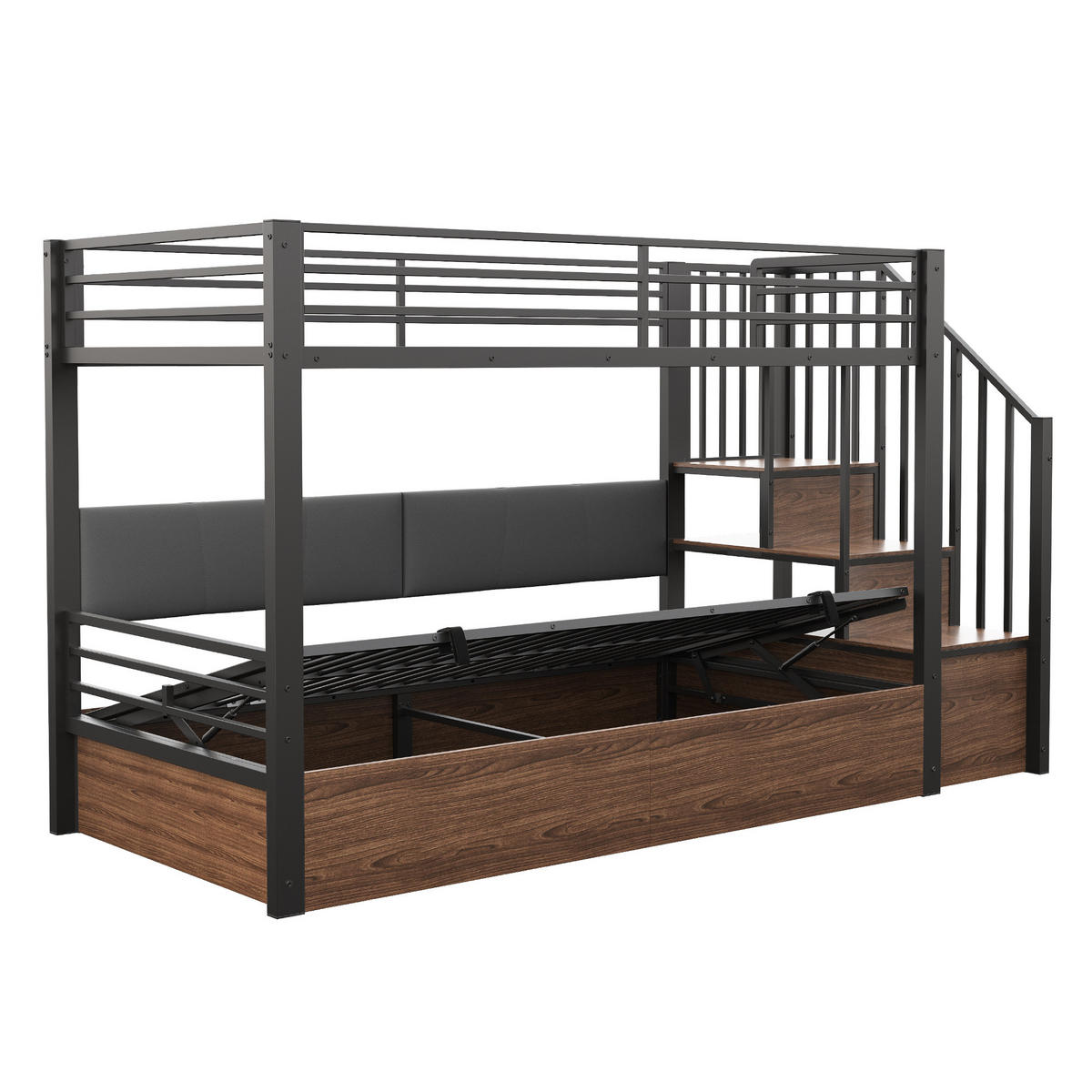 HOCHBETT 90/200 cm mit hydraulischem Bettkasten, PU-Rückenlehne und Stauraumtreppe, Schwarz - Schwarz, Kunststoff (90/200cm) - Redom