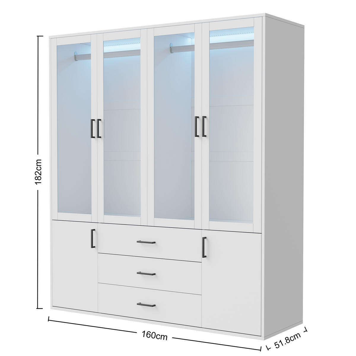 KLEIDERSCHRANK 4-türig Weiß mit Glastüren & LED-Licht - Weiß, Holzwerkstoff (51.8/182/160cm) - SHOPENTRA