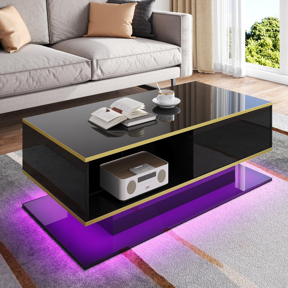 KONFERENČNÍ stolek 100/50/40 cm černý se zlatými prvky z dřevotřísky s LED a 3 zásuvkami - černá, kompozitní dřevo (100/50/40cm) - OKWISH