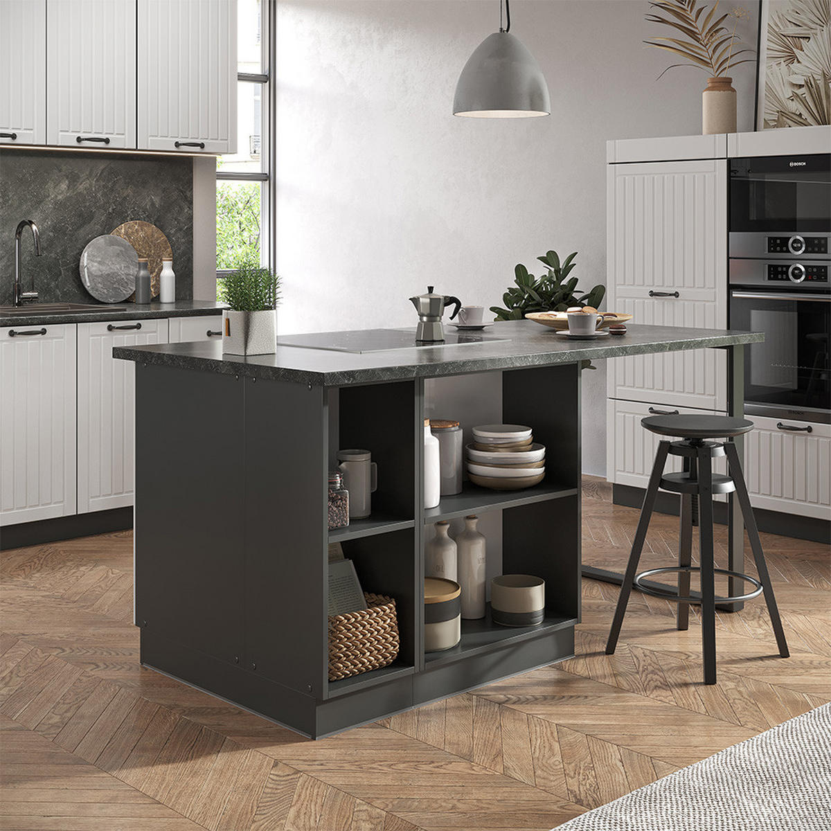 KÜCHENINSEL Fame-Line Weiß Landhaus/Anthrazit 90 cm mit Schublade ohne AP - Anthrazit/Creme, Holzwerkstoff (90/82/60cm) - Vicco