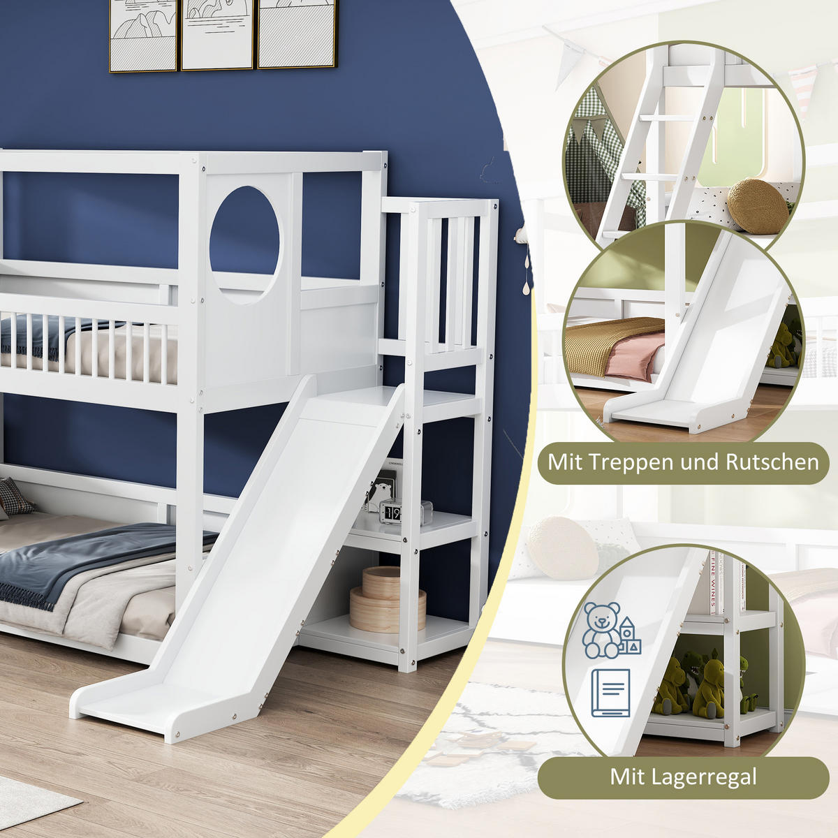 ETAGENBETT 90x200 Kinderbett Rutsche Regale Weiß - Weiß, Holzwerkstoff - FLIEKS