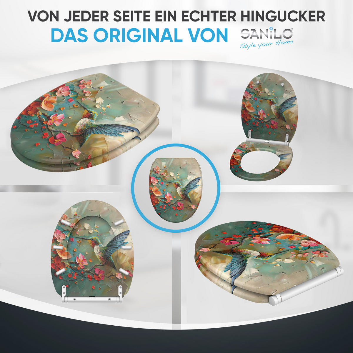 WC-SITZ mit Absenkautomatik & Top Fix Petalo - Blau/Altrosa, Holzwerkstoff (37.7/5/48cm) - Sanilo