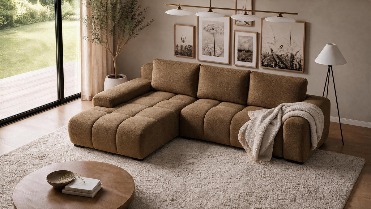 ECKSOFA Ovia mit Bettkasten und Schlaffunktion, Bouclé-Stoff in L-Form - Braun, Textil (270/185cm)