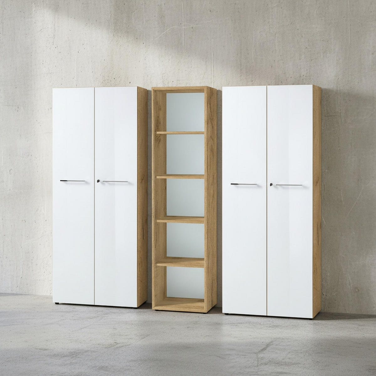 BÜRO-SET MUENCHEN 3-teilig | 240cm breit Glasfront | 2 Schrank Abschließbar & Regal | Chalet-Eiche-Nb./Weiß - Weiß, Holzwerkstoff/Metall (240/196/37cm) - KADIMA DESIGN