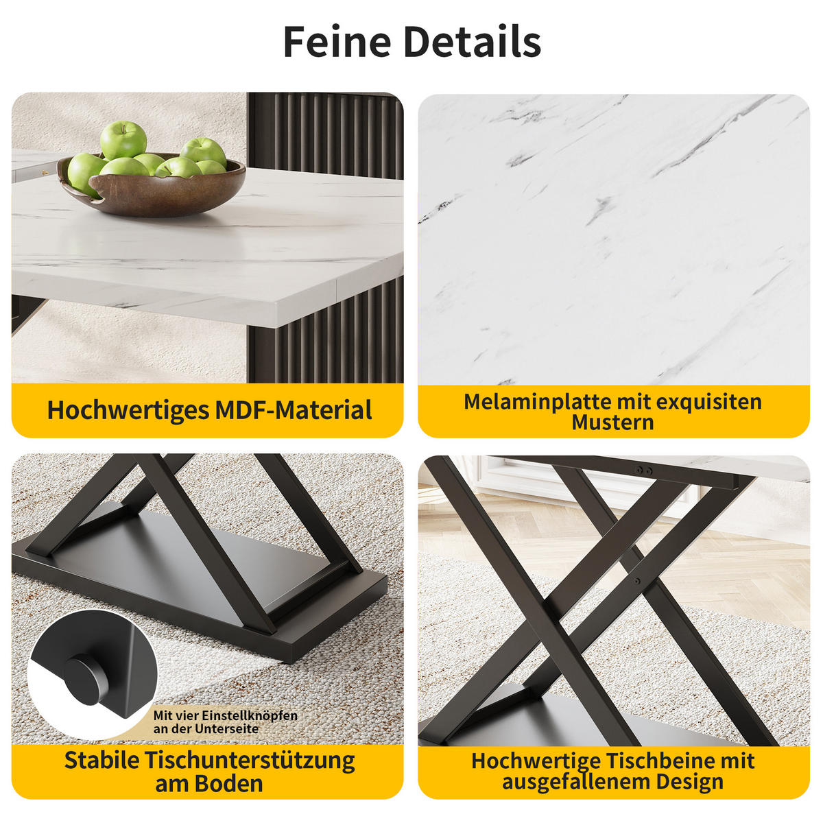 AUSZIEHBARER Esstisch MDF mit Kreuzgestell, 120-160/80/75 cm, Weiß marmoriert/Schwarz - Weiß, Holzwerkstoff (120/80/75cm) - Redom