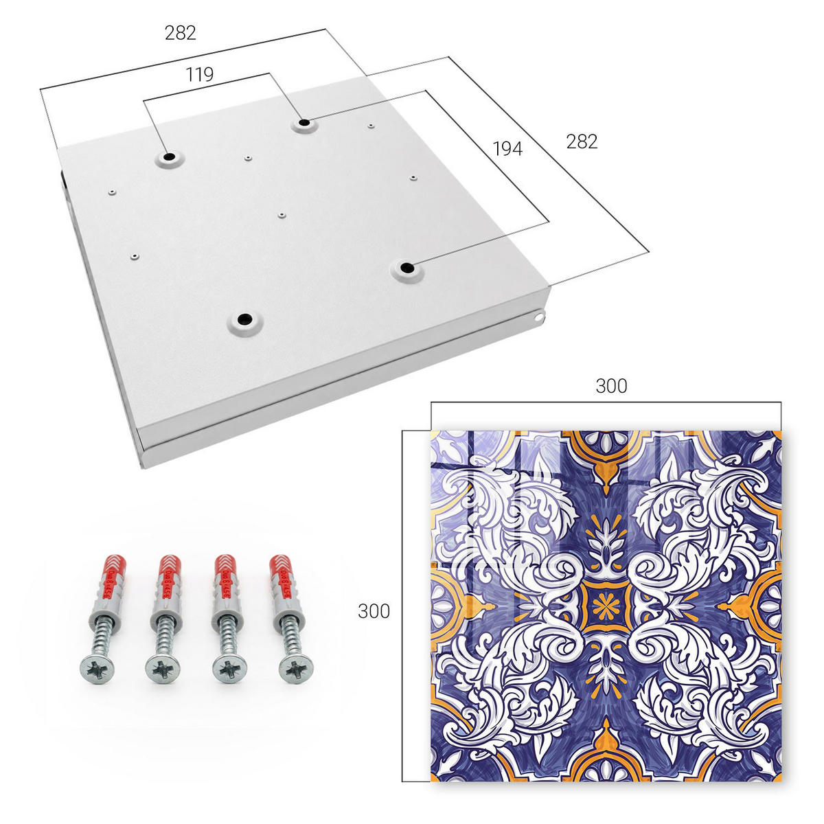 SCHLÜSSELBOX Weiß 30x30 cm – Türöffnung nach rechts - Pflanzenornament - Blau, Metall (30/30/5cm) - TULUP
