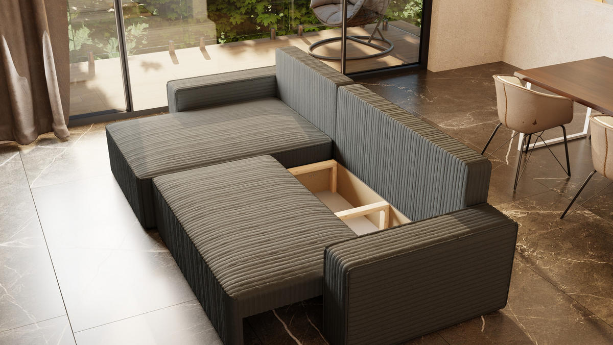 ECKSOFA Tobi mit Bettkasten und Schlaffunktion, L-Form/XL-Form, Cordstoff, Universal - Grau, Holzwerkstoff (276/145cm) - 4ALL HOME