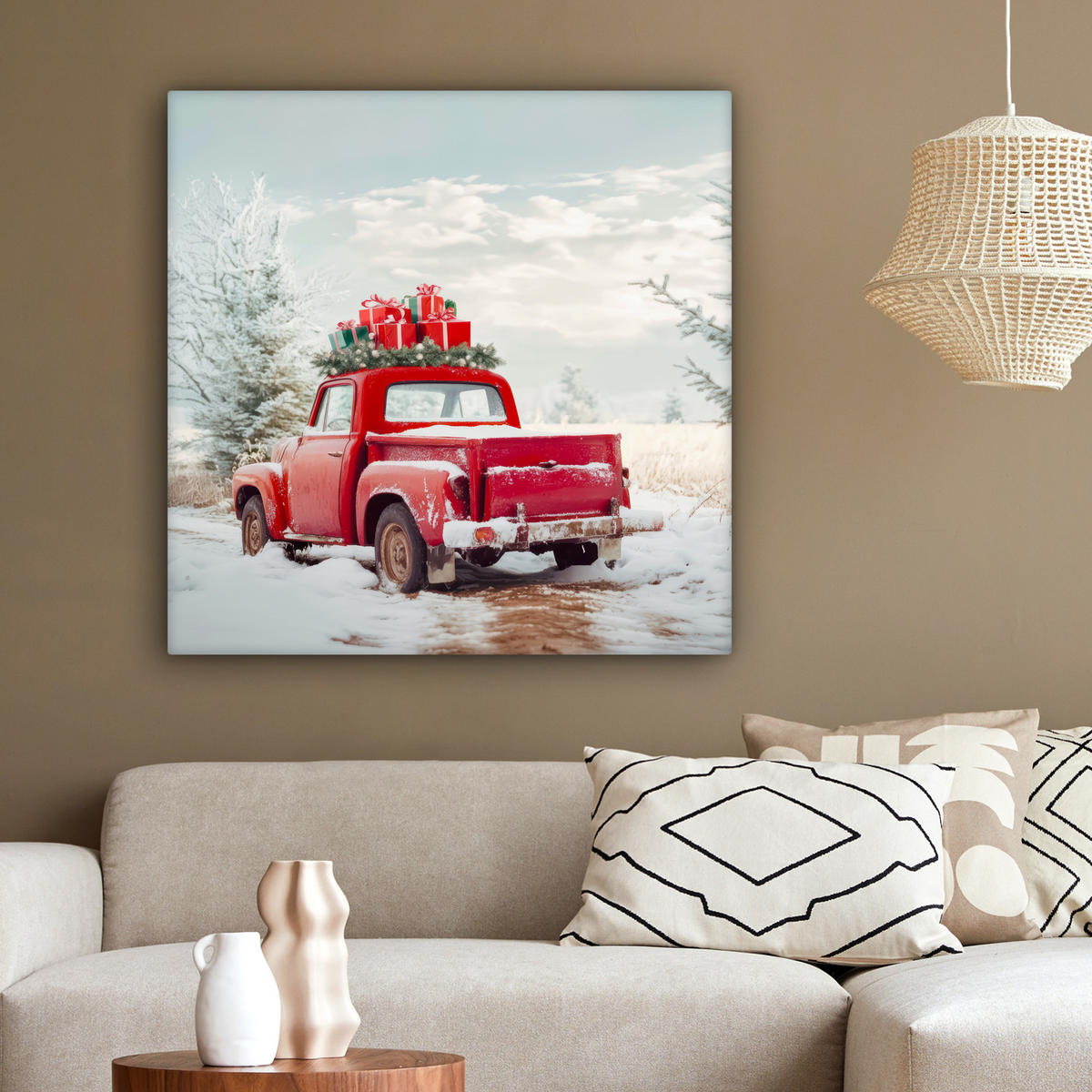 LEINWANDBILD Auto - Rot - Geschenke - Winter - Schnee - Weihnachten 90x90 cm - Rot, Textil (90/90cm) - MuchoWow