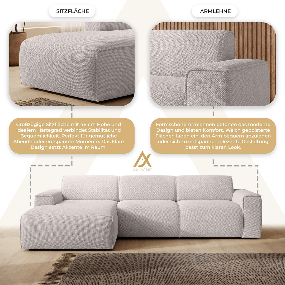 ECKSOFA L Form Didim mini Taupe 310/165/78 cm – stilvolle kleine Eckcouch L - Taupe/Schwarz, Kunststoff/Textil (165/310cm) - AX Living