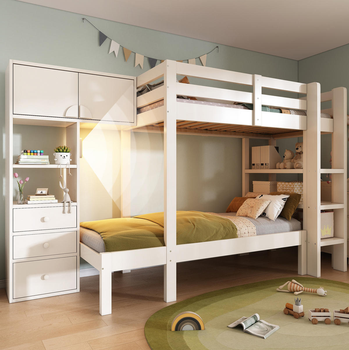 ETAGENBETT 90/200 cm Weiß mit Schrank, Regal und Schubladen - Weiß, Metall (90/200cm) - Flora Grace