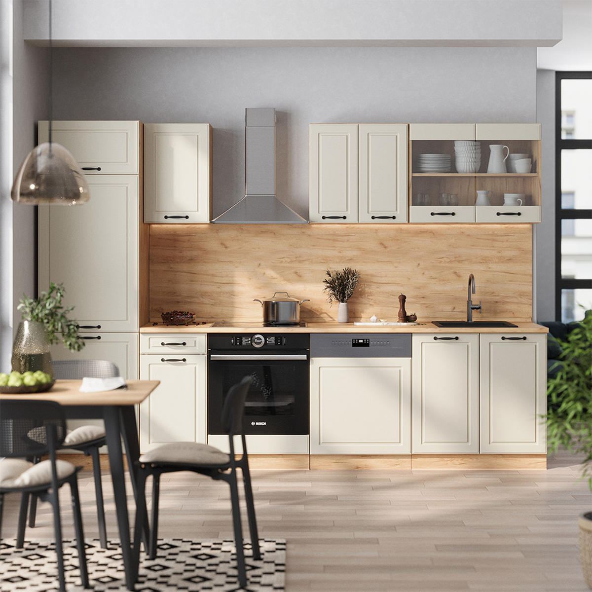 KÜCHENZEILE R-Line, Sand Landhaus/Goldkraft Eiche, 300 cm Arbeitsplatte Anthrazit - Honigeiche/Beige, Holzwerkstoff (300/206.8/60cm) - Vicco
