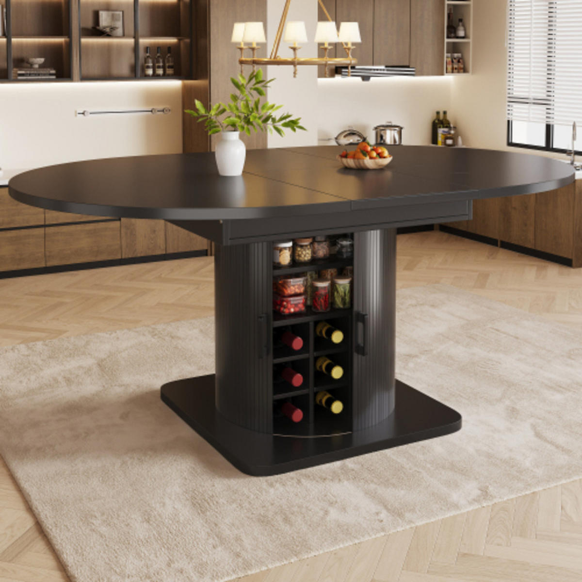 ESSTISCH Ausziehbarer 118-158×118×76 cm aus MDF und Metall mit integriertem Stauraum, schwarz - Schwarz, Holzwerkstoff (158/118/76cm) - Luhomfu