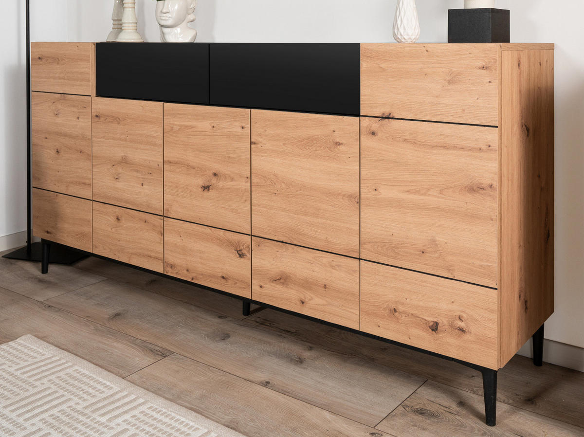 SIDEBOARD Eiche Artisan, schwarz 180 cm, Kommode 5-türig, viel Stauraum - Schwarz/Eiche Artisan, Holzwerkstoff (180/90/42cm) - Furn.Design