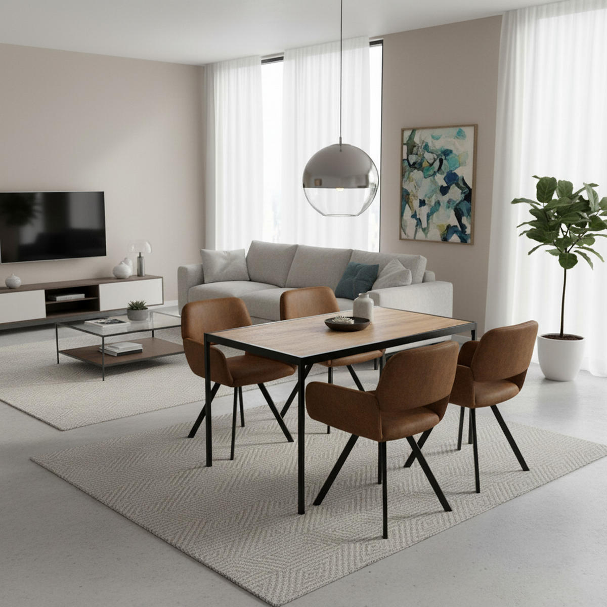 ESSZIMMER SET – 1 Tisch + 4 Stühle – Holzoptik & Wildleder - Braun, Holzwerkstoff/Metall (120/75/80cm) - Urban Meuble