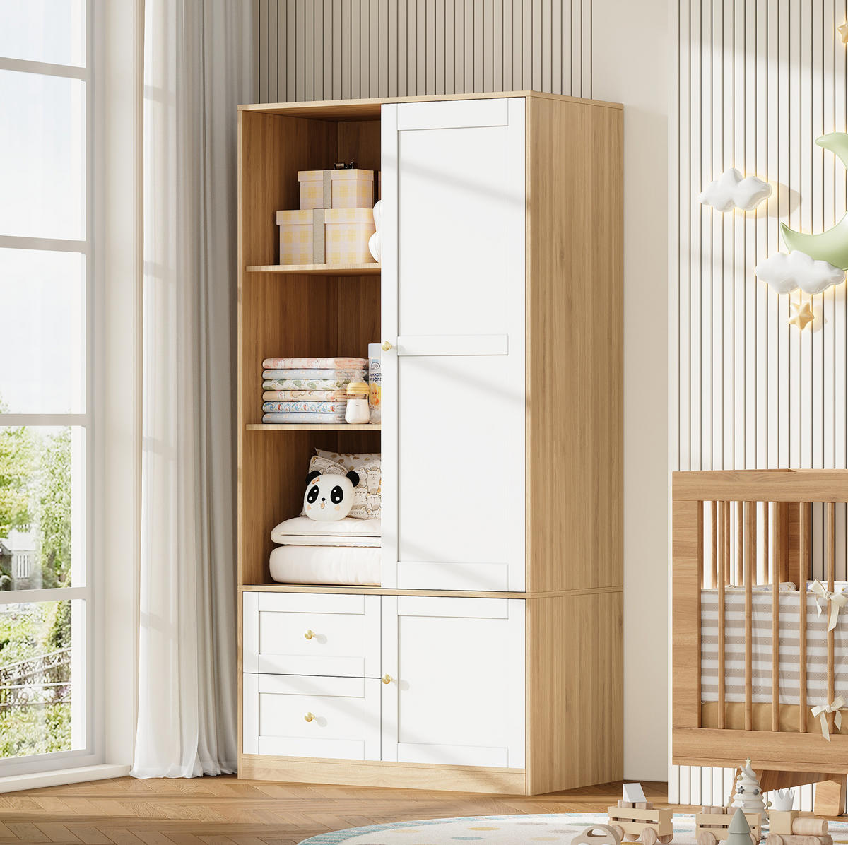 KLEIDERSCHRANK aus MDF 90x50x180 cm Natur/Weiß mit Schiebetür, Kleiderstange, Schubladen und Fächern - Naturfarben, Holzwerkstoff (90/180/50cm) - Modfu