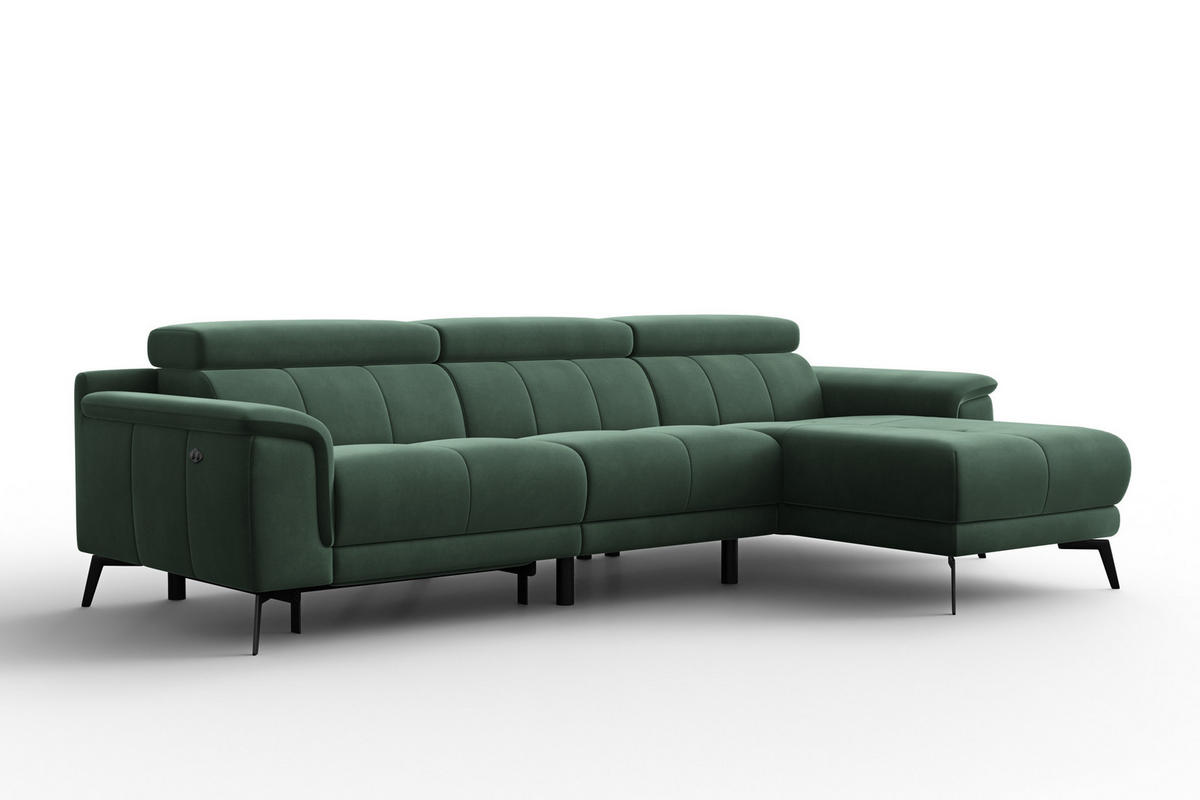 ECKSOFA FIERO 4-Sitzer RECHTS, Grüner Veloursstoff - Schwarz/Grün, Holz/Textil (288/170cm) - Courtois Laville