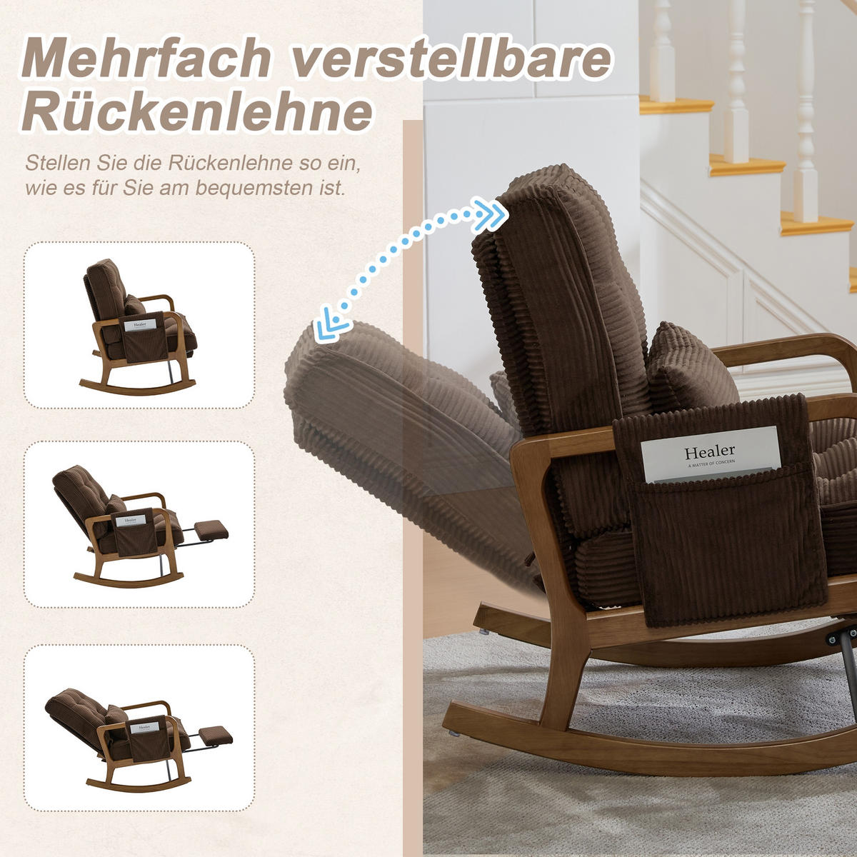SCHAUKELSTUHL Kaffee Cord mit Fußstütze, Seitentaschen und verstellbarer Lehne - Mokka, Textil (80/92/70cm) - Oxeza