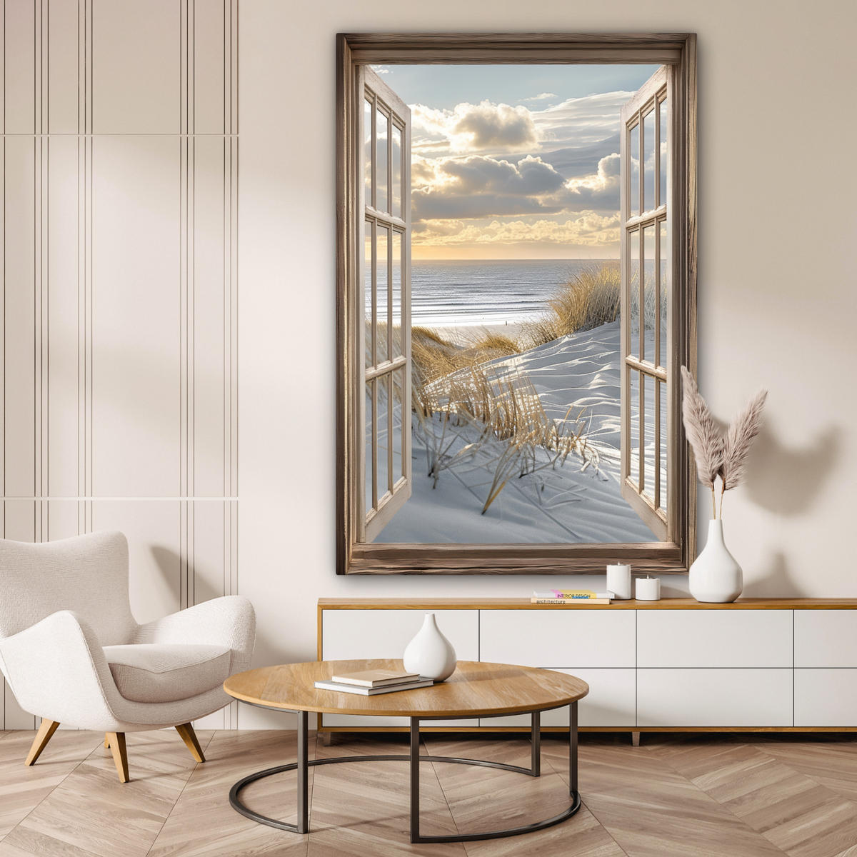 LEINWANDBILD Ausblick - Strand - Dünen - Meer - Natur Deko Groß 90x140 cm - Sandfarben, Textil (90/140cm) - MuchoWow