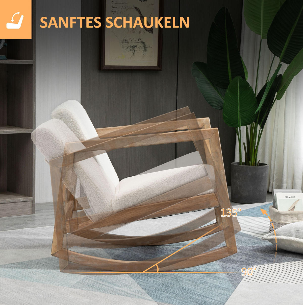 SCHAUKELSTUHL 60/81/71 cm mit Polsterung aus Kautschukholz, bis 150 kg belastbar - Creme, Textil (81/71/60cm) - BEAOK