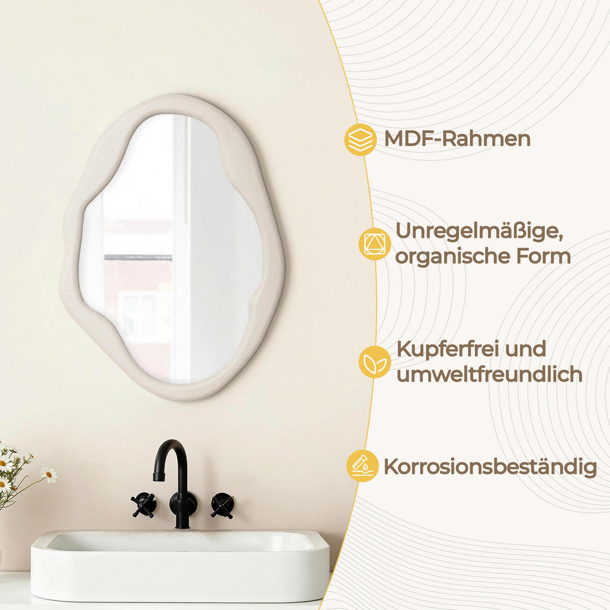 70CM H Wandspiegel mit weißem, unregelmäßigem Rahmen,Geeignet für Schlafzimmer, Wohnzimmer, Badezimmer und Flur - Weiß, Glas (50/70/2.5cm) - Hometopia