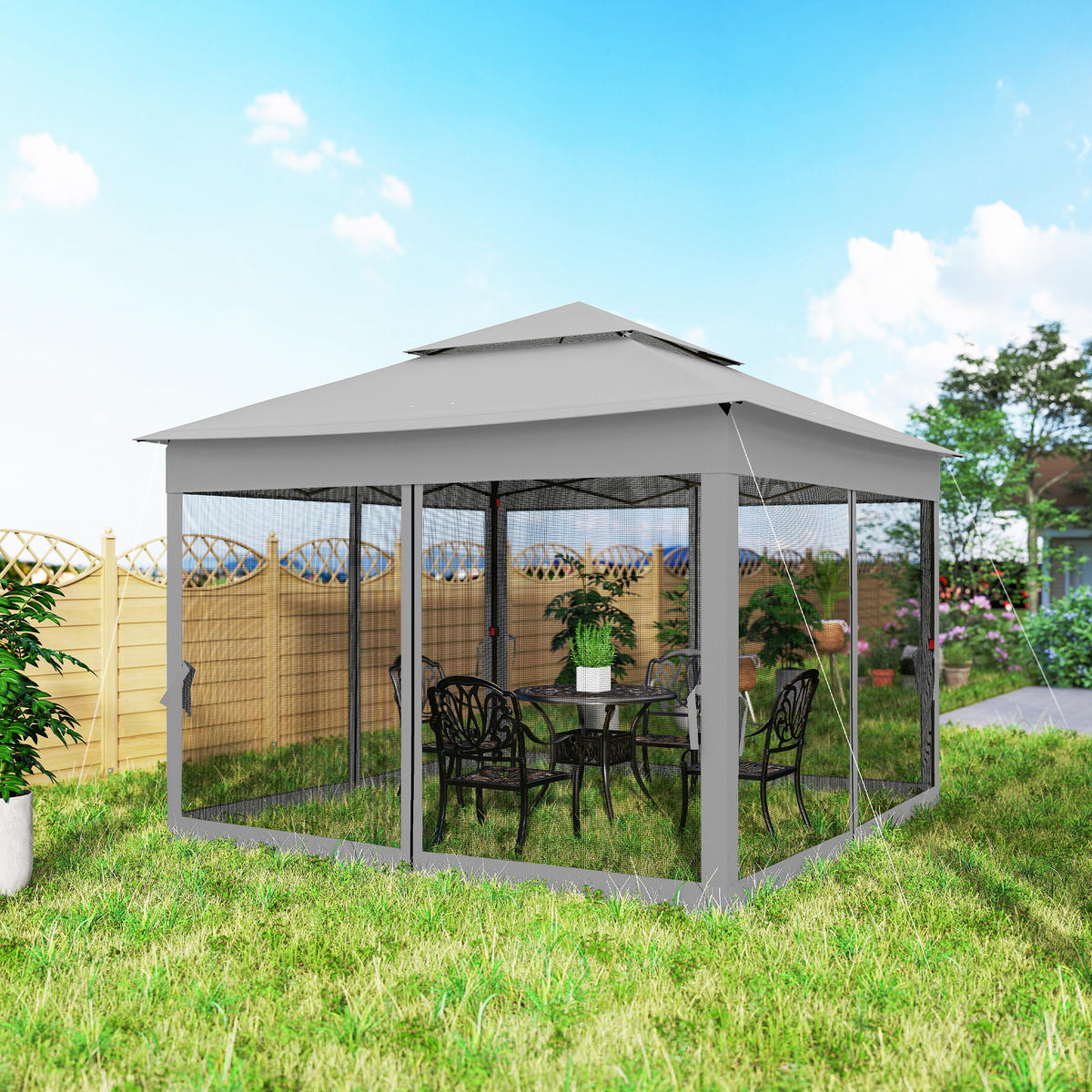 PAVILLON DE-14067 3/3 m, Doppeldach, 4 Moskitonetze - Grau, Metall (325/270/325cm) - ComfortXL