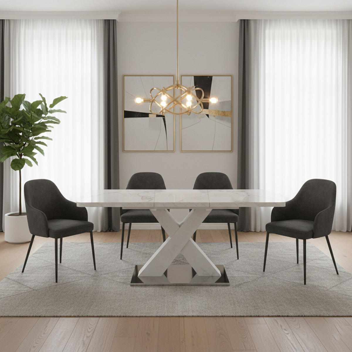 ESSTISCH AUSZIEHBARER Weiß Marmoroptik mit Ausziehfunktion & X-Gestell - Weiß, Holzwerkstoff/Metall (80/160/76.5cm) - Urban Meuble