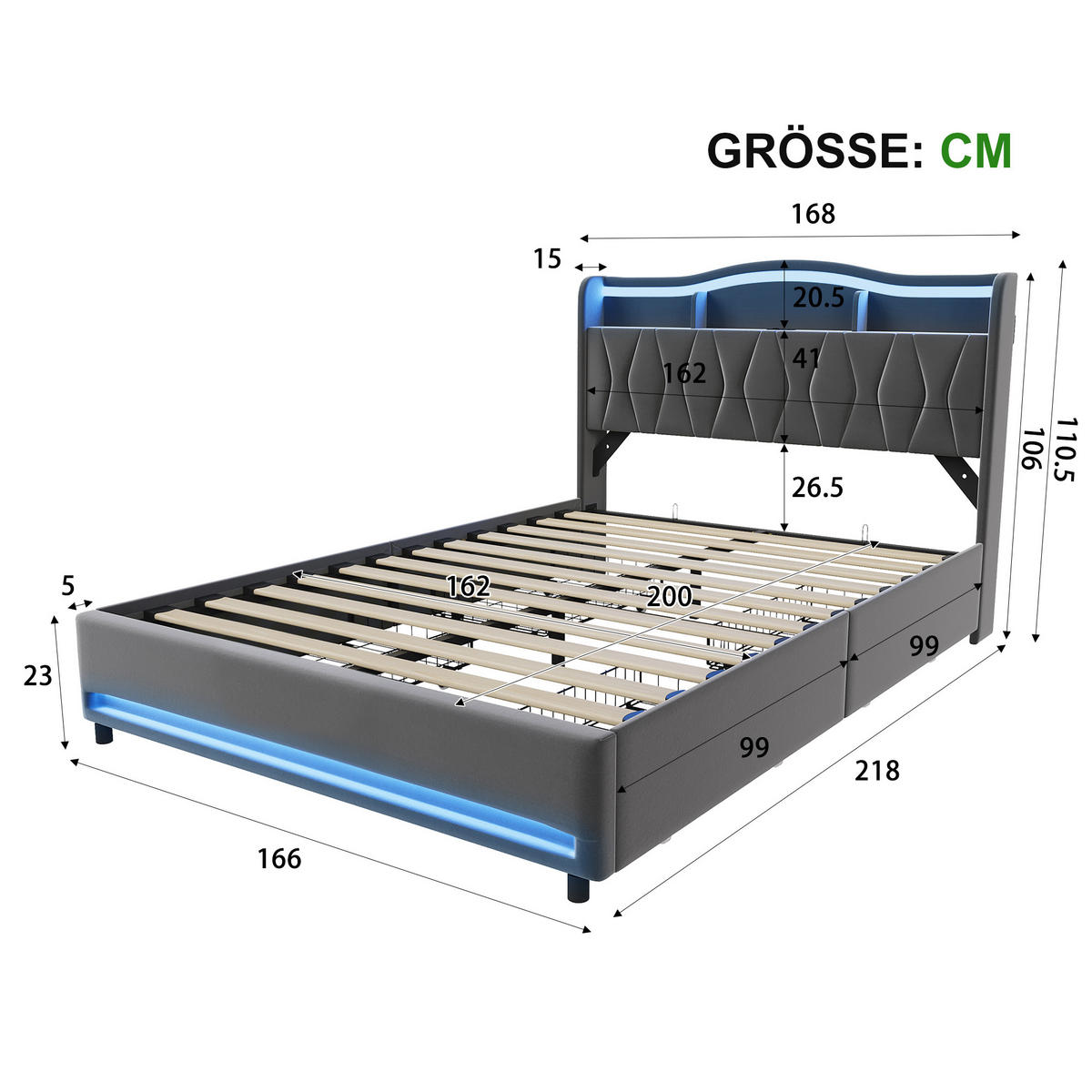 POLSTERBETT 160x200 mit stauraum, doppelbett mit LED, 4 Schubladen, Lattenrost, USB, Kopfteil, Samtstoff, Grau - Grau, Holz/Textil (160/200cm) - GENKI LIVING