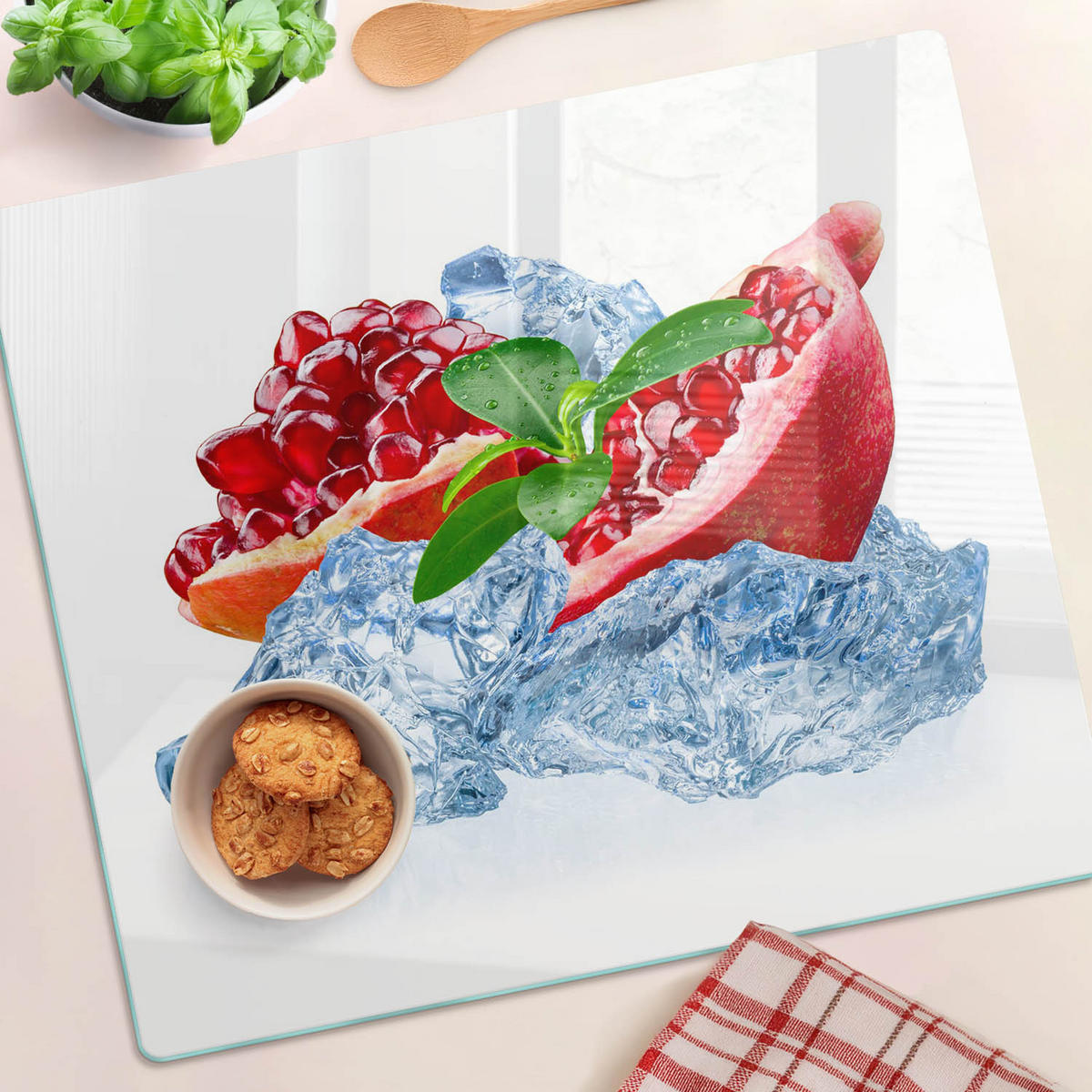 GLASPLATTE 60x52 cm Granatapfel mit Eis - Rot, Glas (60/0.4/52cm) - TULUP