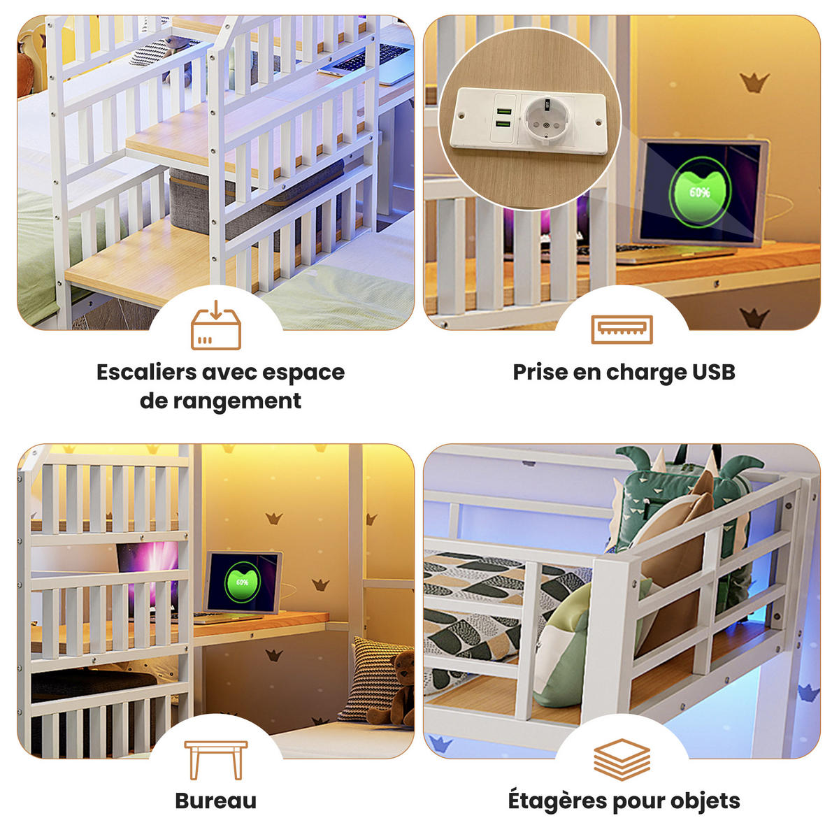 ETAGENBETT Kinder 90x200 Weiß mit LED, Leiter, Schreibtisch und Stauraum - Weiß, Metall (90/200cm) - ComfortXL