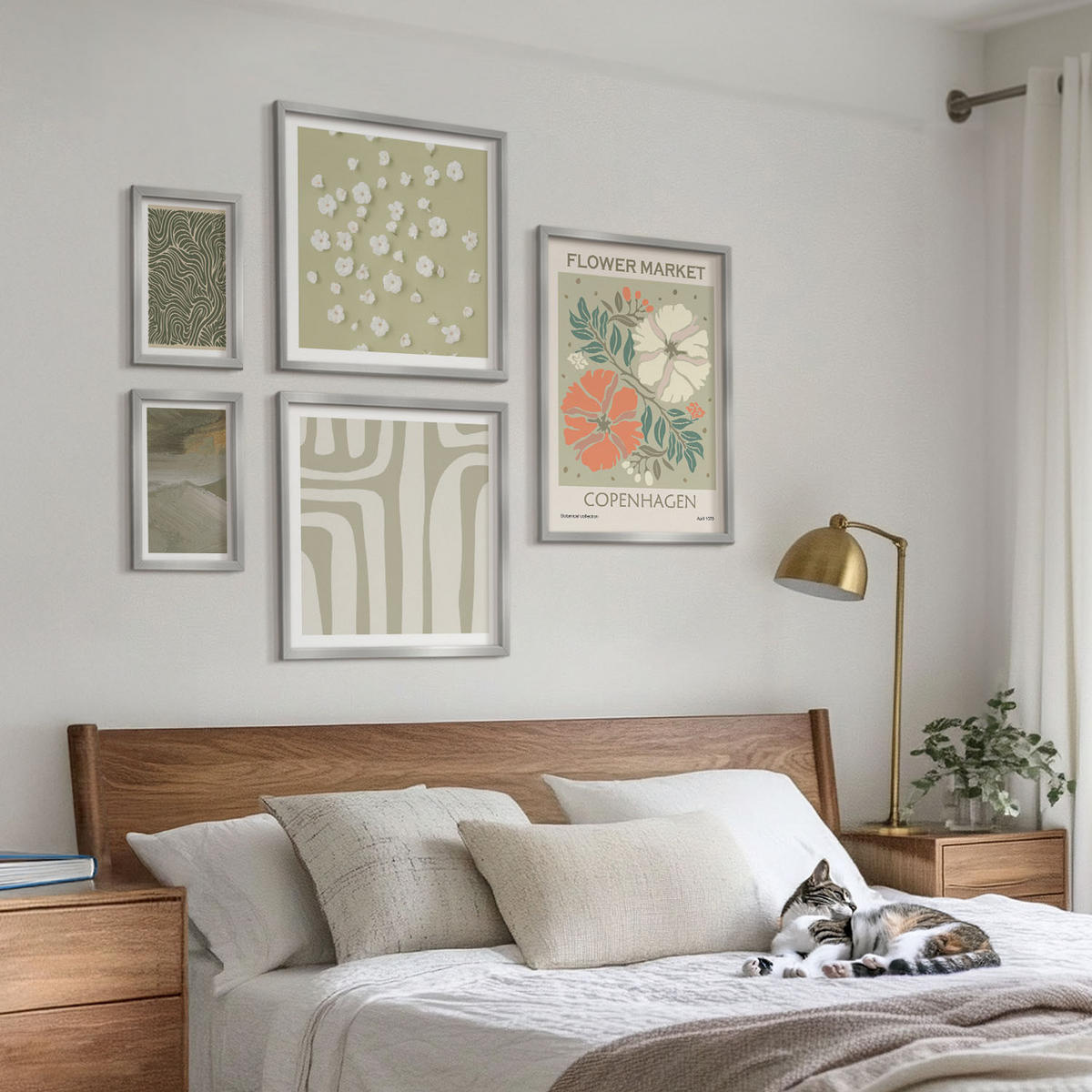 WANDBILDER 5er Set - 50x50 cm & 20x30 cm & 40x60 cm Silberner Rahmen - Abstrakte Boho-Muster - Silberfarben, Kunststoff (40/60cm) - ArtPrintCave