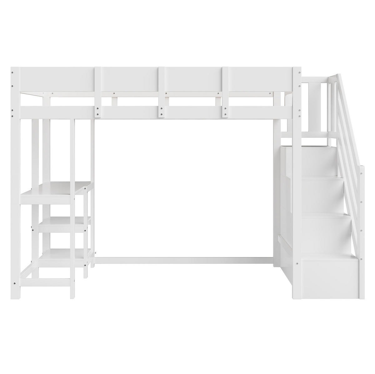 HOCHBETT aus Kiefernholz 90x200 cm Weiß mit Stauraumtreppe, Ablageregal und Rundum-Schutzgittern - Weiß, Holzwerkstoff (90/200cm) - Modfu