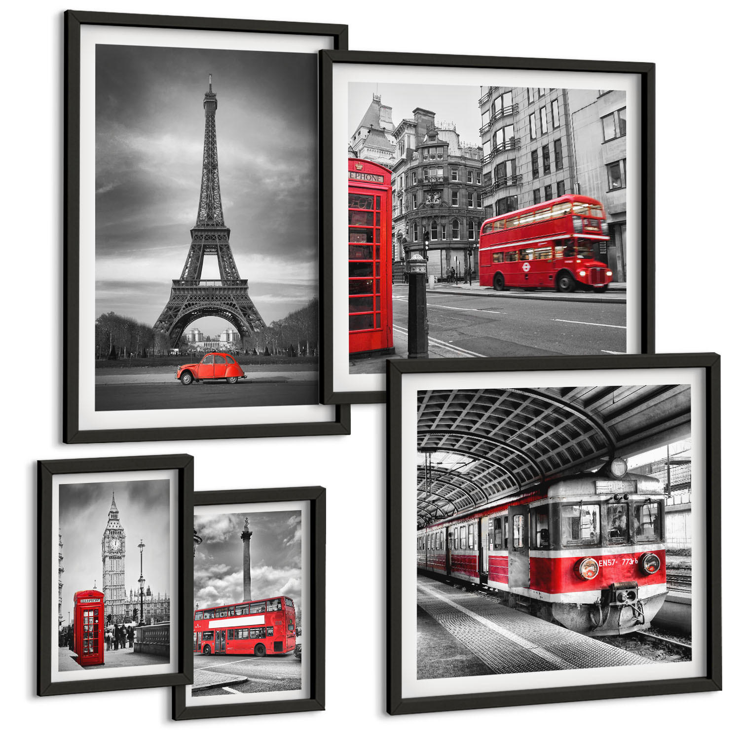 BILDER SET 5er Set - 50x50 cm & 20x30 cm & 40x60 cm Schwarzer Rahmen - Rote Busse in der Stadt - Schwarz, Kunststoff (40/60cm) - TULUP