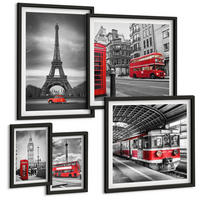 BILDER SET 5er Set - 50x50 cm & 20x30 cm & 40x60 cm Schwarzer Rahmen - Rote Busse in der Stadt - Schwarz, Kunststoff (40/60cm) - TULUP