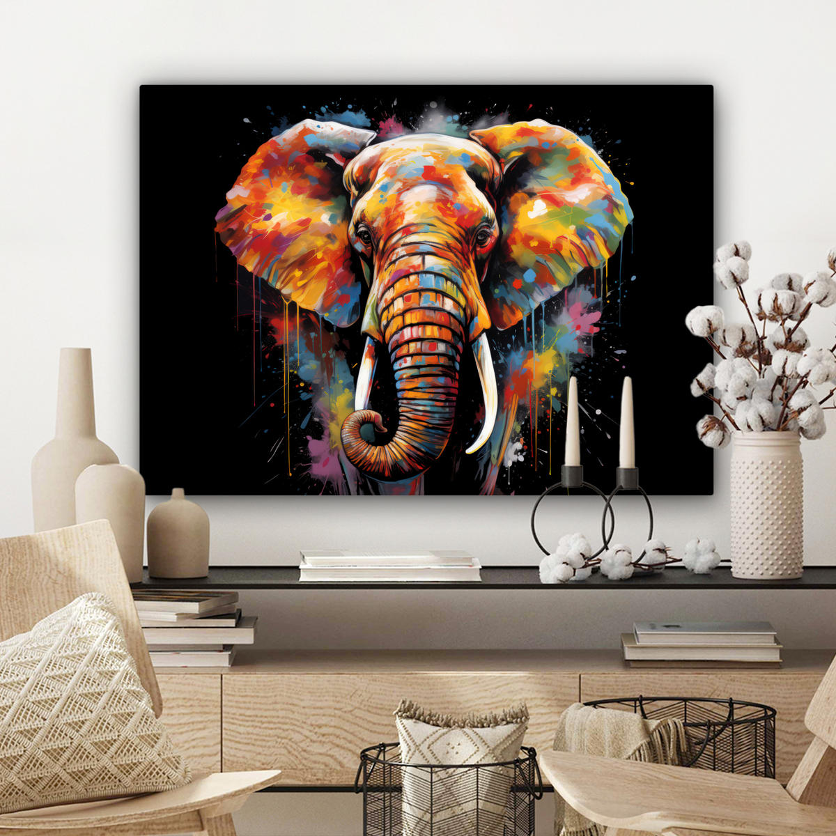 LEINWANDBILD Elefant - Graffiti - Schwarz - Tiere - Farben Wandbilder 80x60 cm - Schwarz, Textil (80/60cm) - MuchoWow