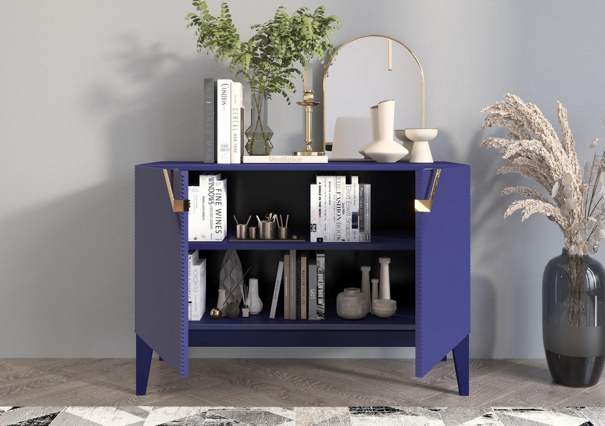 SIDEBOARD Demi 2D Long, Marinblau-Gold, Mit Gefrästen Fronten, Massive Buche - Dunkelblau, Holz/Holzwerkstoff (100.5/70/42cm) - Visby
