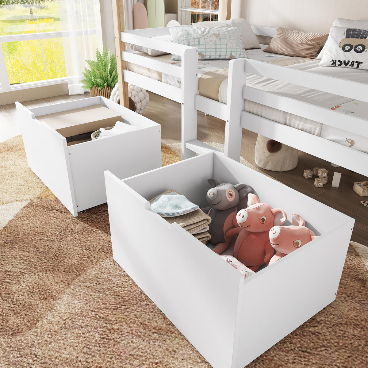 HAUSBETT 90/200 cm mit Dach und Stauraum in Weiß und Natur aus Kiefer + MDF - Weiß, Holzwerkstoff (90/200cm) - OKWISH