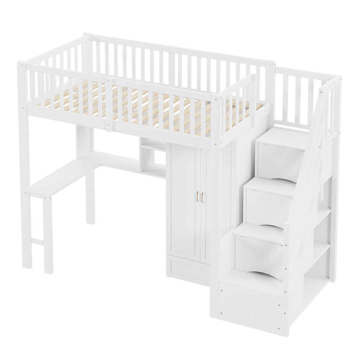 HOCHBETT 90/200 cm Weiß mit Kleiderschrank Tisch Stauraum Treppe aus Holz - Weiß, Holz (90/200cm) - OKWISH